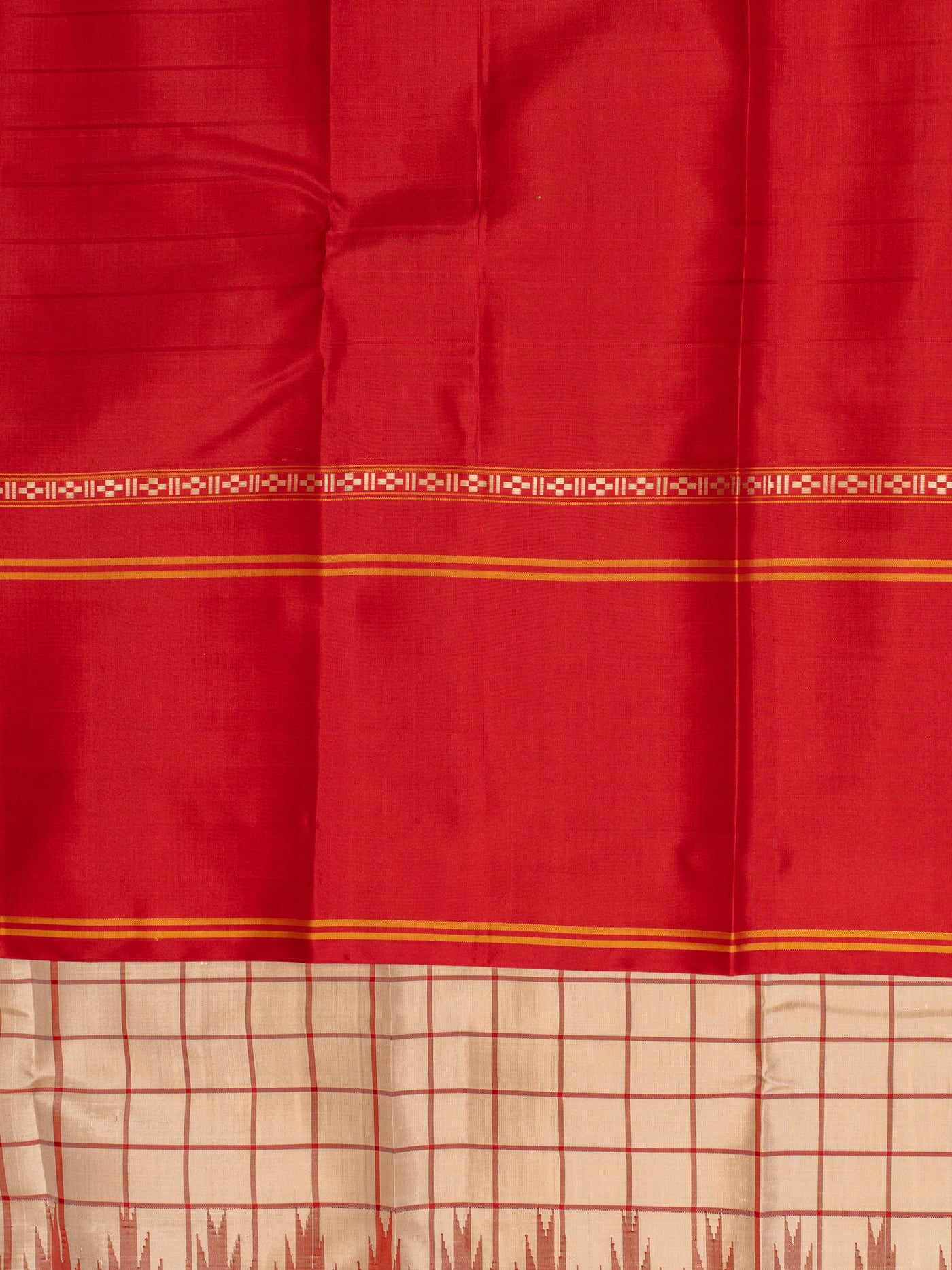 Cream and red checks without zari pure Kanchipuram silk saree