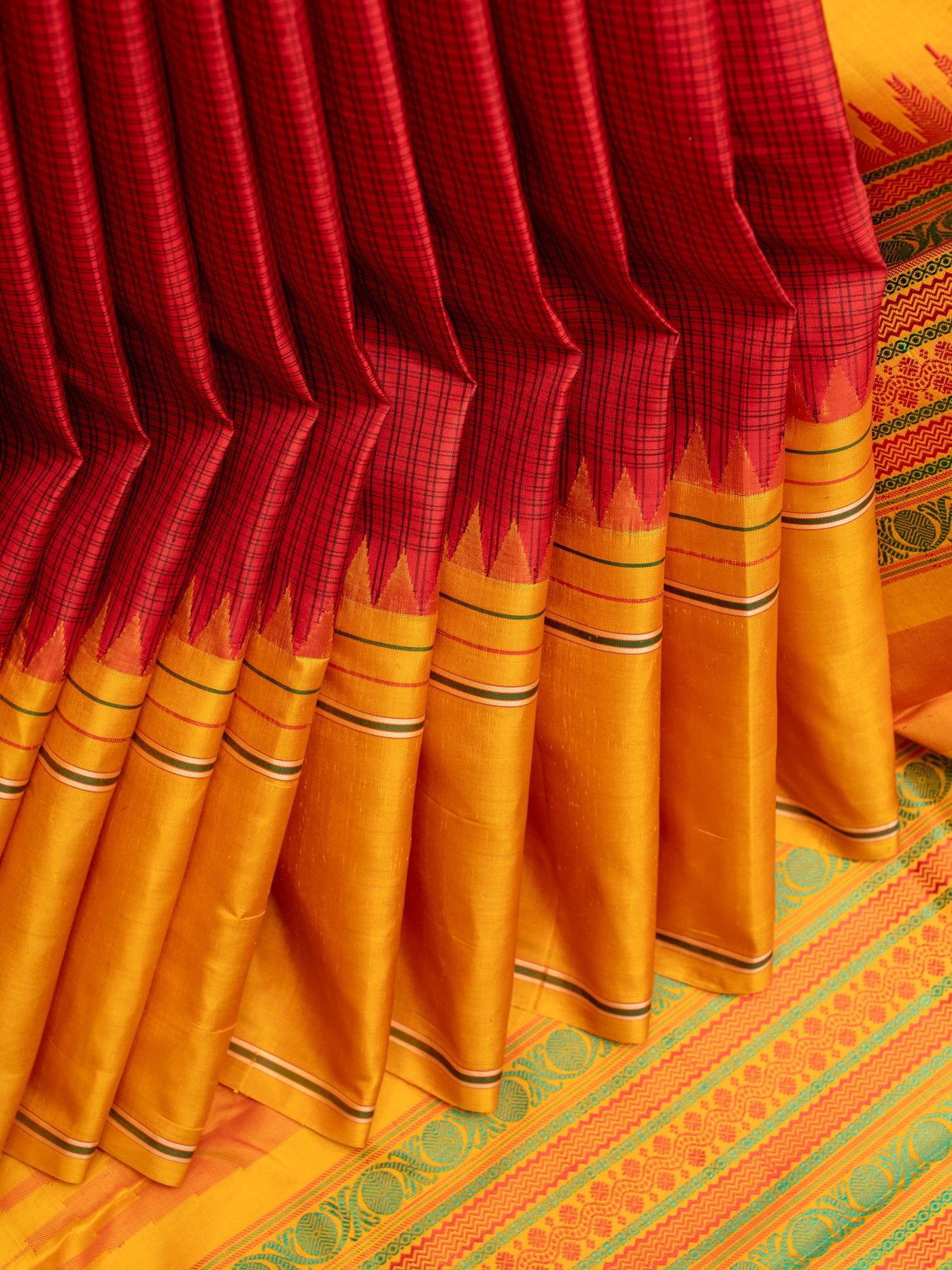 Red and mustard podikattam without zari pure Kanchipuram silk saree