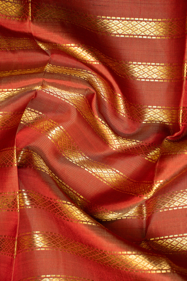 Maroon and Rust Orange Stripes Pure Zari Kanjivaram Silk Saree - Clio Silks