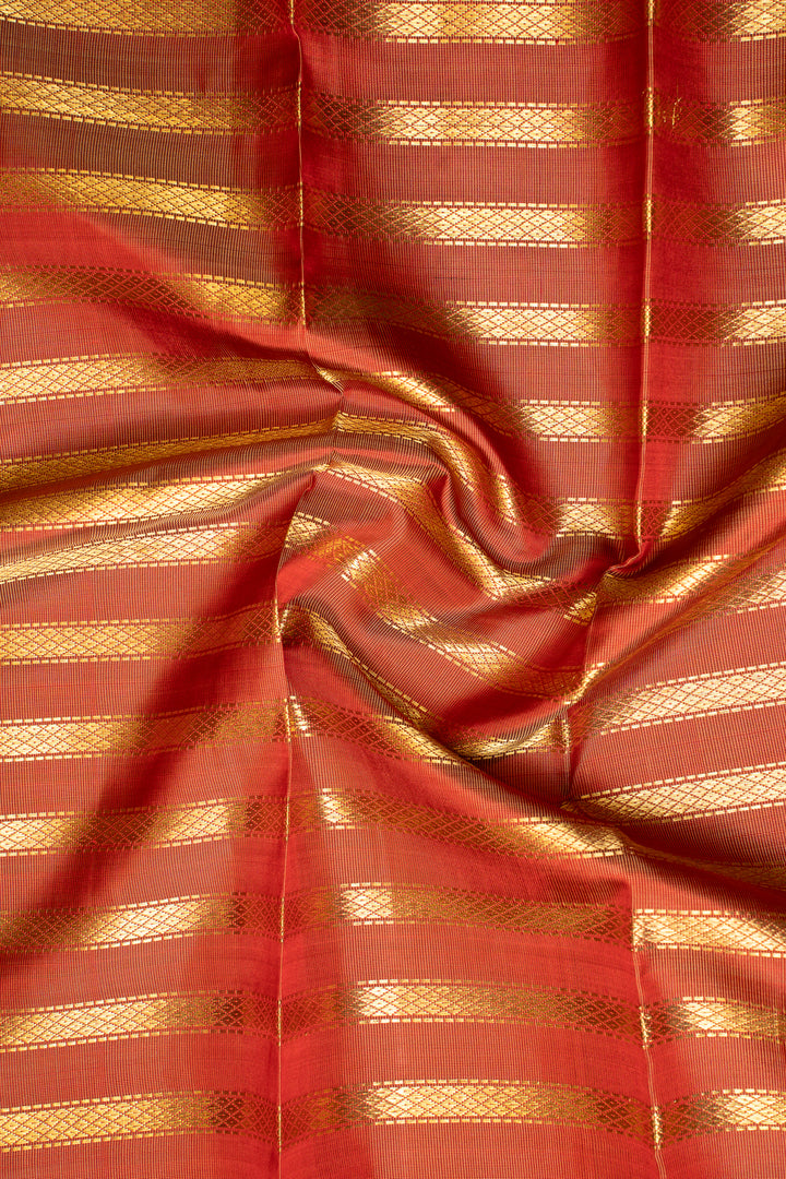 Maroon and Rust Orange Stripes Pure Zari Kanjivaram Silk Saree - Clio Silks