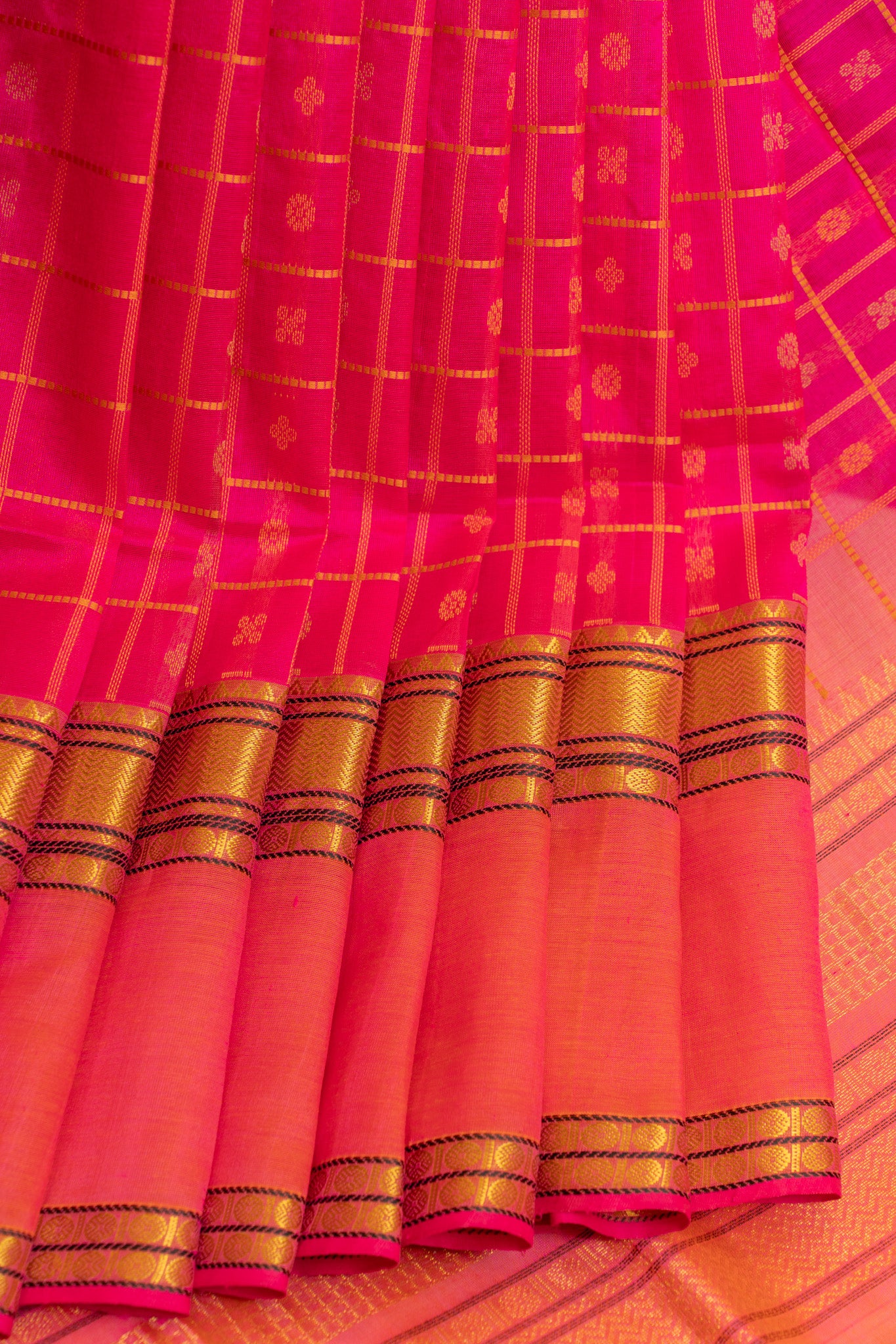 Magenta pink thread checks pure silk cotton saree