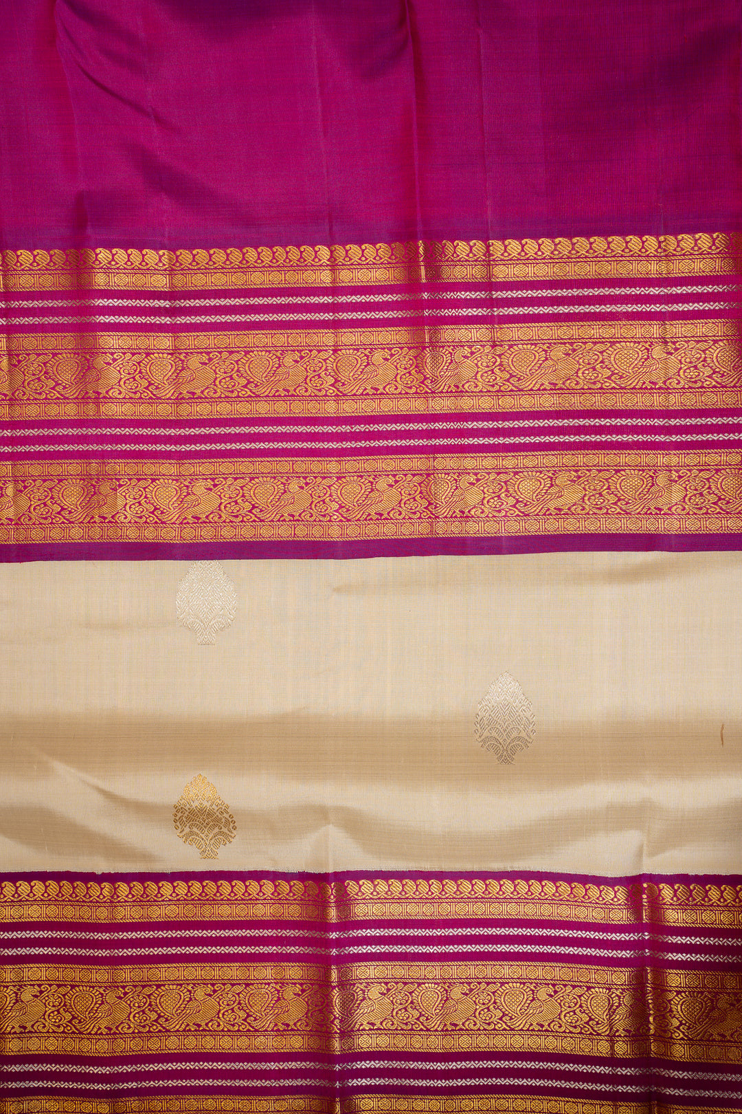 Pearl White and Purple Pure Kanchipuram Silk Saree - Clio Silks