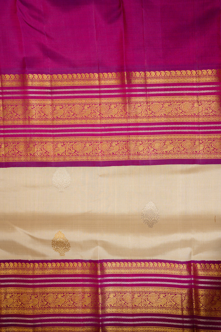 Pearl White and Purple Pure Kanchipuram Silk Saree - Clio Silks