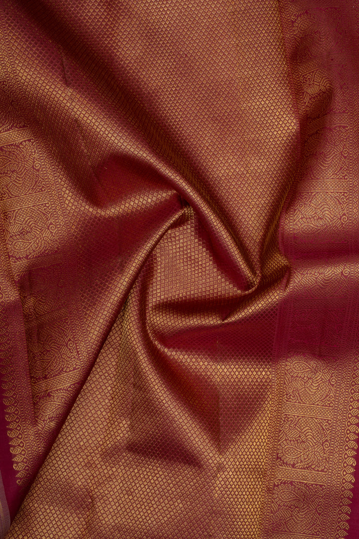 Oyster Pink and Maroon Zari Checks Pure Kanchipuram Silk Saree