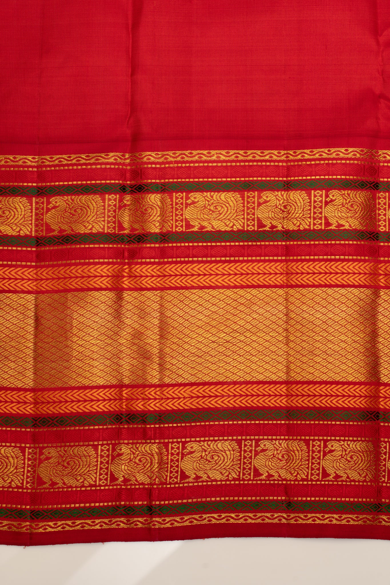 Ivory and red varisaipettu pure zari Kanchipuram silk saree