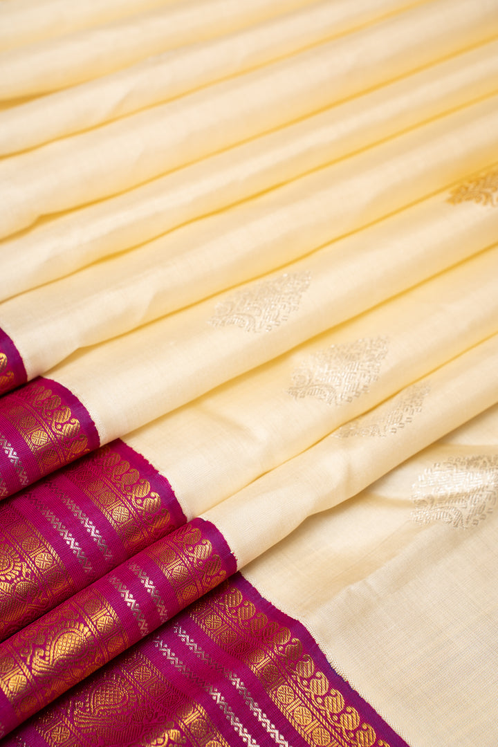 Pearl White and Purple Pure Kanchipuram Silk Saree - Clio Silks