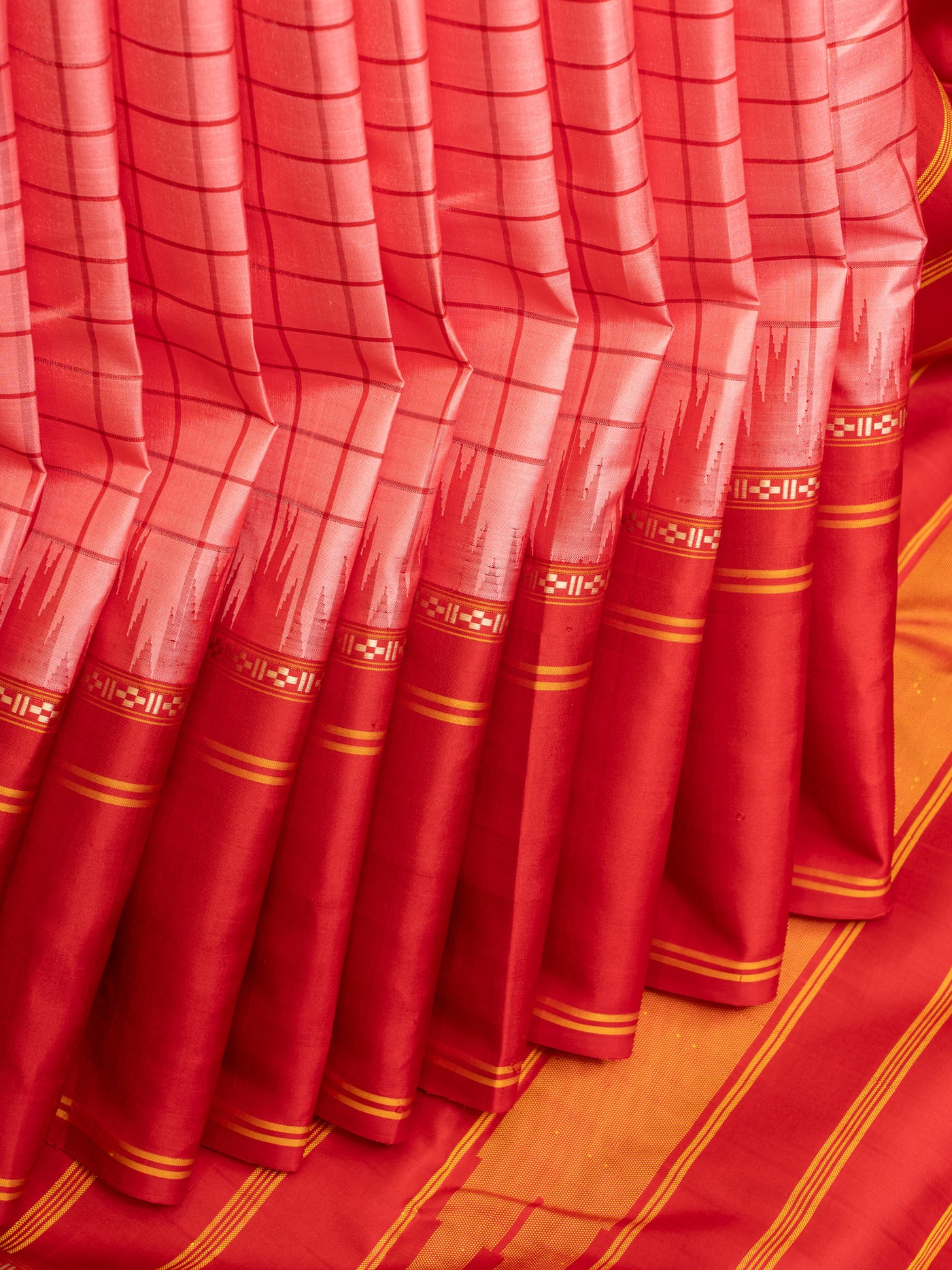 Pink and red checks without zari pure Kanchipuram silk saree