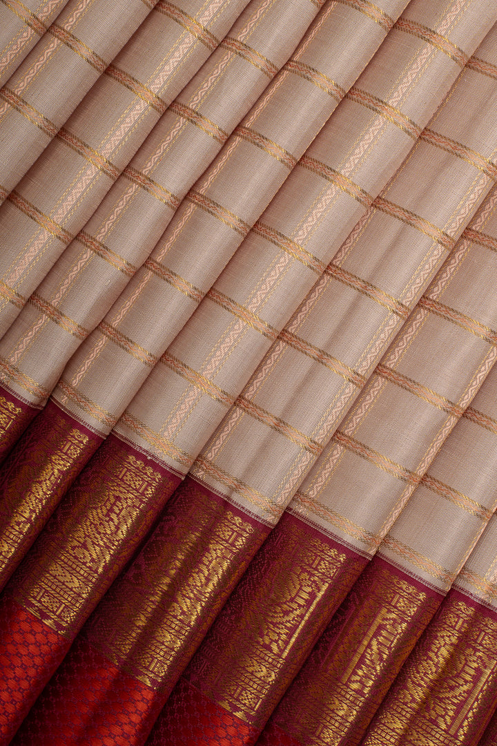 Oyster Pink and Maroon Zari Checks Pure Kanchipuram Silk Saree