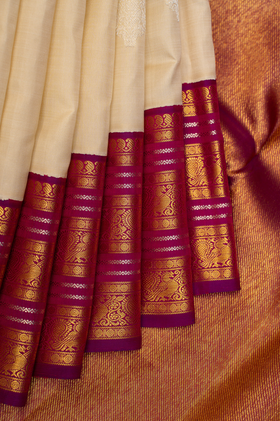 Pearl White and Purple Pure Kanchipuram Silk Saree - Clio Silks