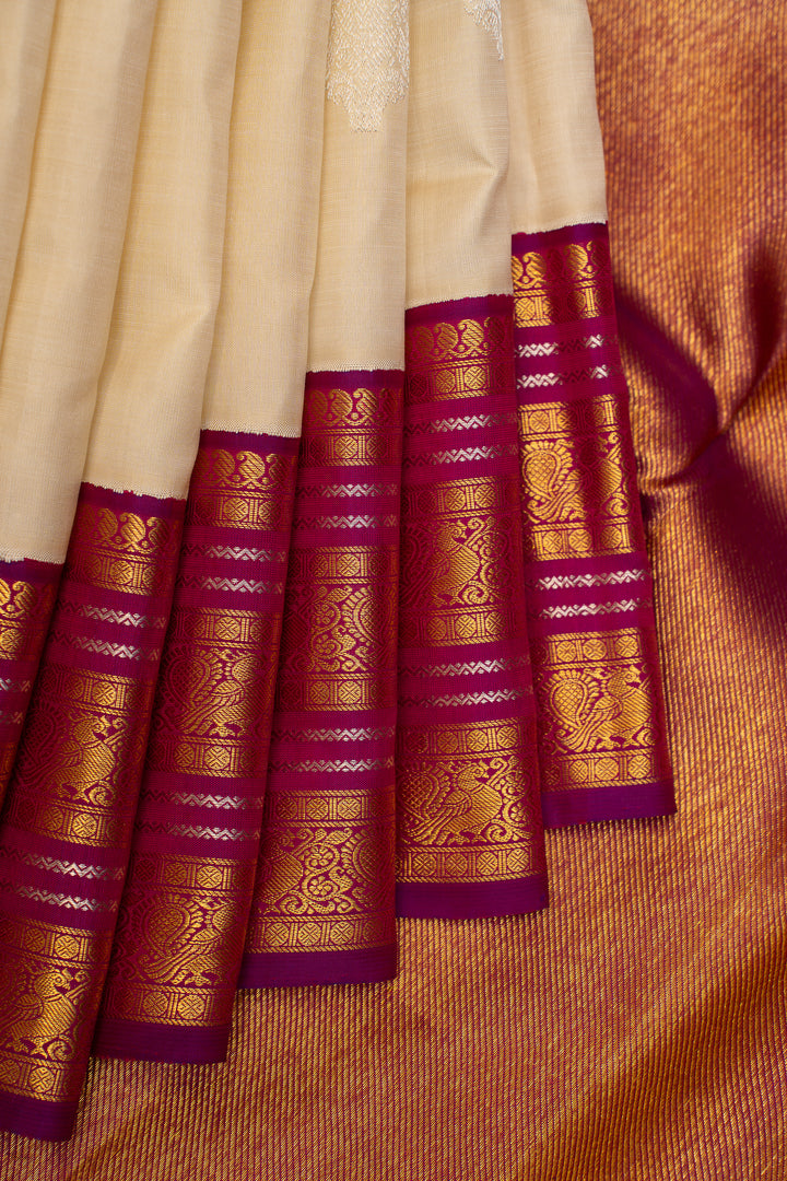 Pearl White and Purple Pure Kanchipuram Silk Saree - Clio Silks