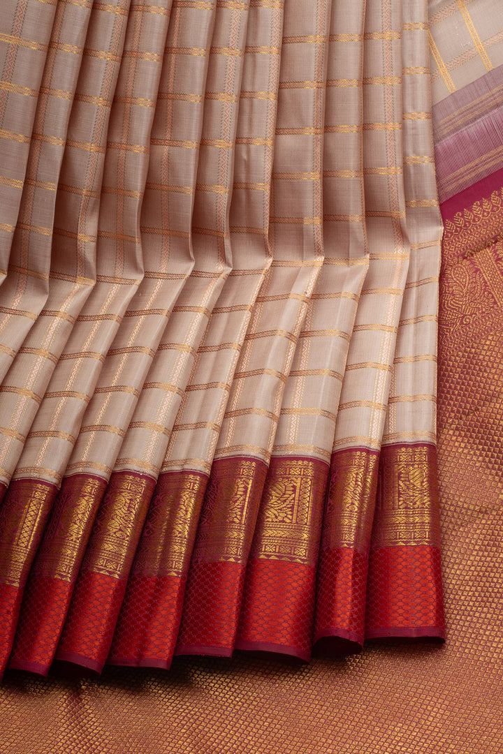 Oyster Pink and Maroon Zari Checks Pure Kanchipuram Silk Saree