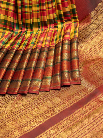 Multi Checks Palum Pazhamum Korvai Pure Zari Kanchipuram Silk Saree