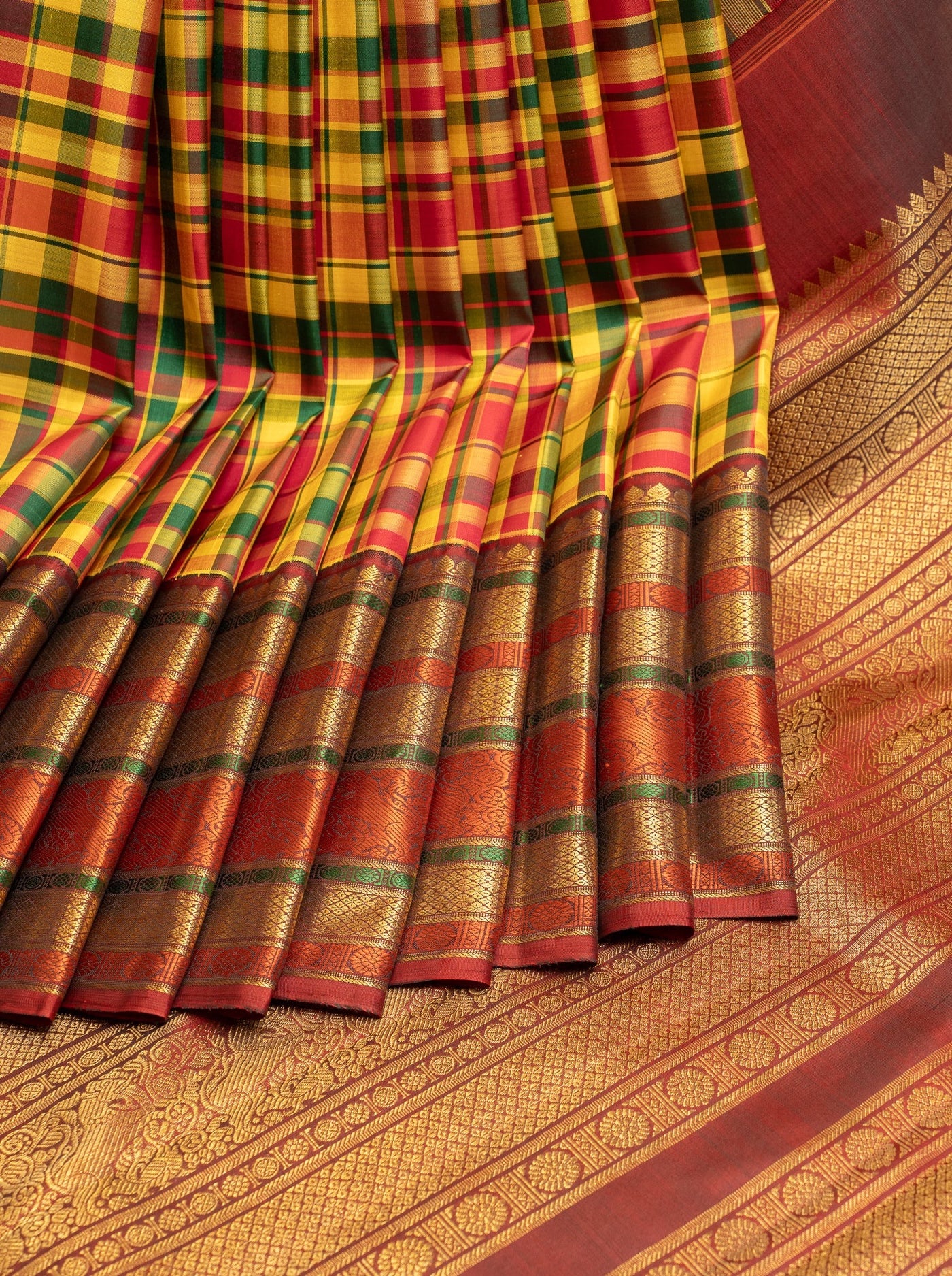 Multi Checks Palum Pazhamum Korvai Pure Zari Kanchipuram Silk Saree