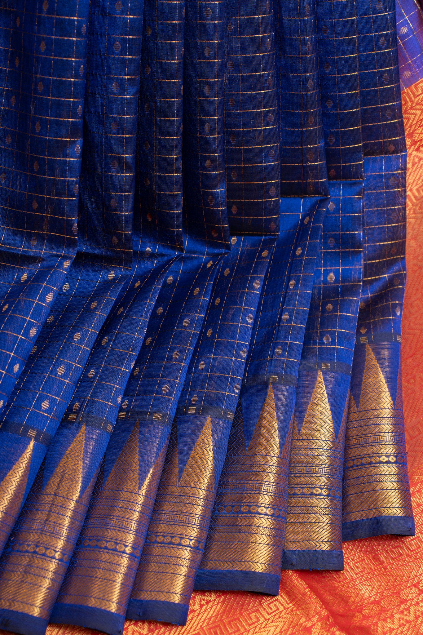 Ink blue zari checks pure silk cotton saree