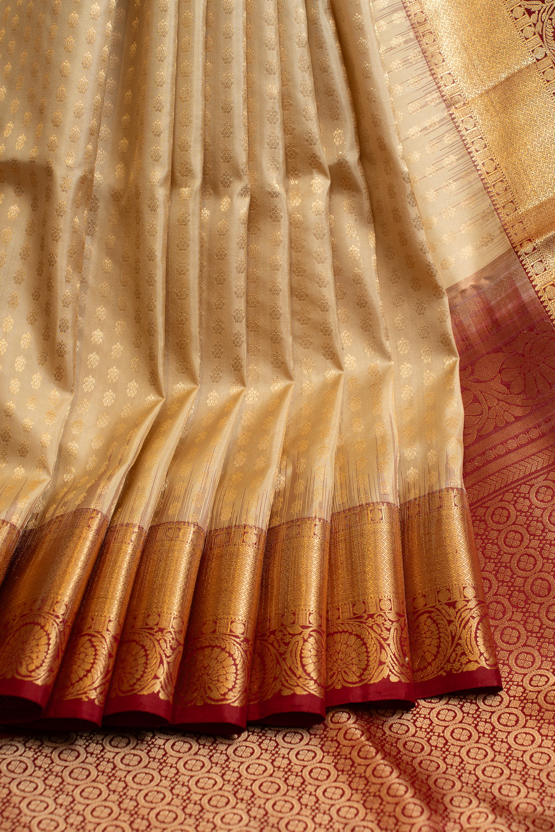 Beige and maroon lakshadeepam pure soft silk saree