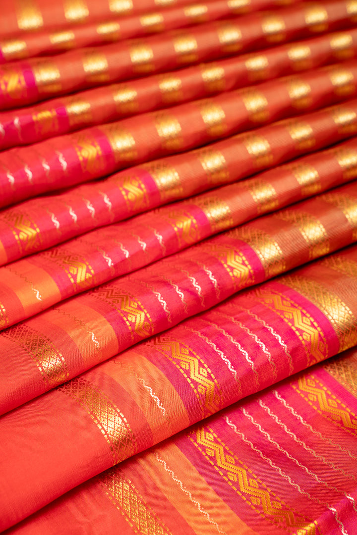 Maroon and Rust Orange Stripes Pure Zari Kanjivaram Silk Saree - Clio Silks