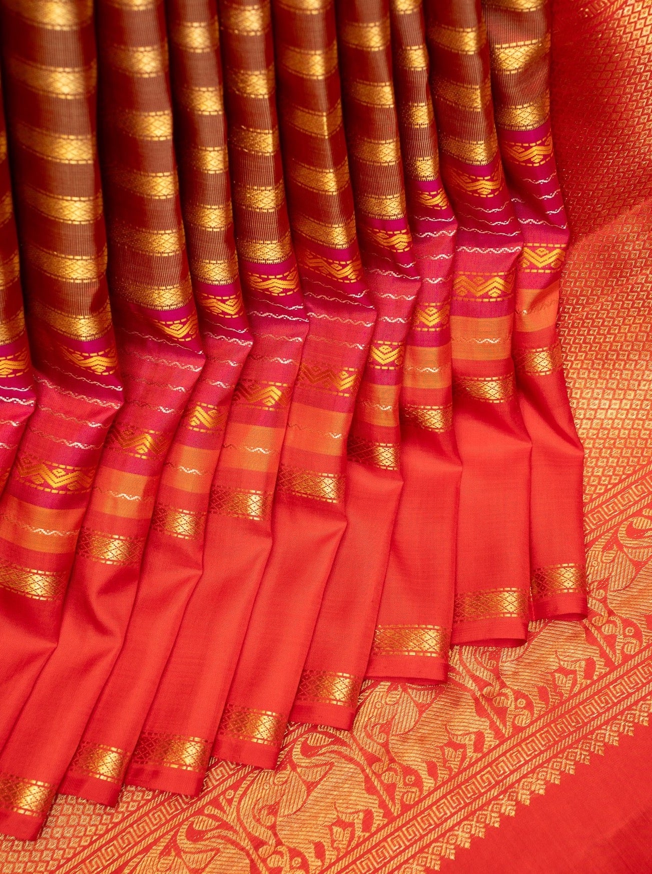 Maroon and Rust Orange Stripes Pure Zari Kanjivaram Silk Saree - Clio Silks