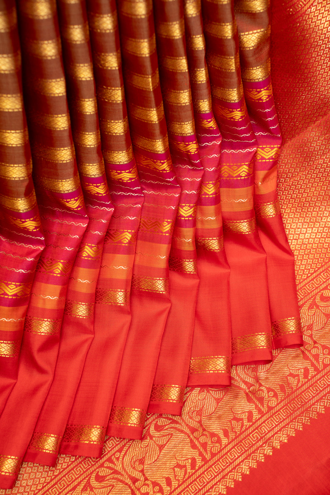 Maroon and Rust Orange Stripes Pure Zari Kanjivaram Silk Saree - Clio Silks