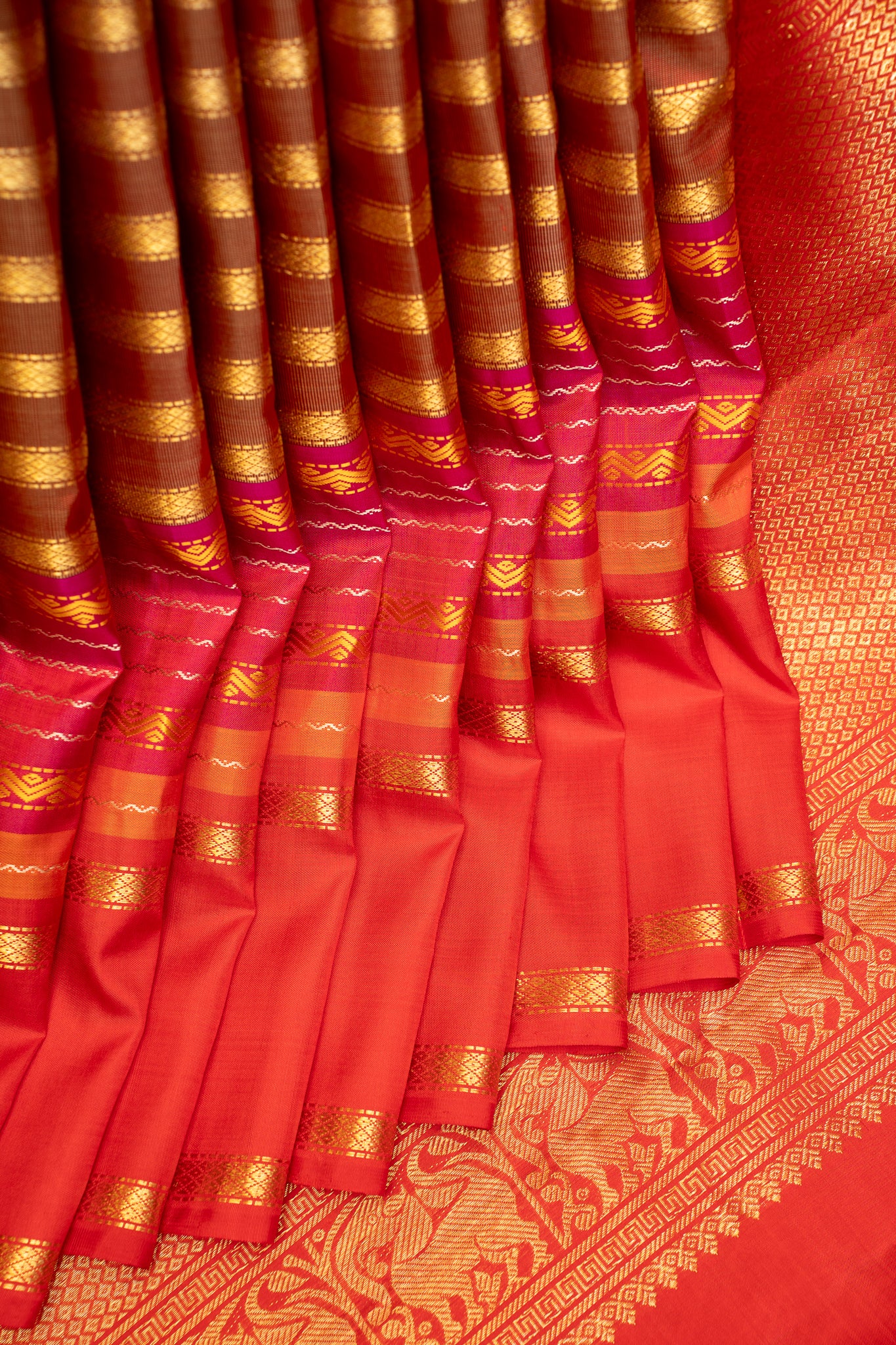 Maroon and Rust Orange Stripes Pure Zari Kanjivaram Silk Saree - Clio Silks