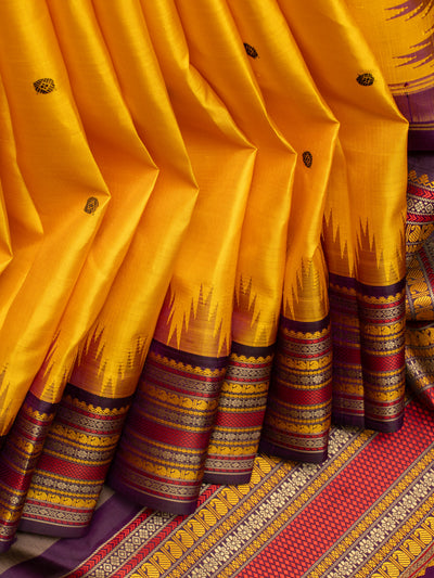 Yellow and purple without zari pure Kanchipuram silk saree