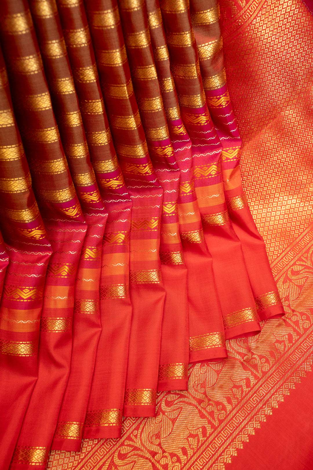 Maroon and Rust Orange Stripes Pure Zari Kanjivaram Silk Saree - Clio Silks