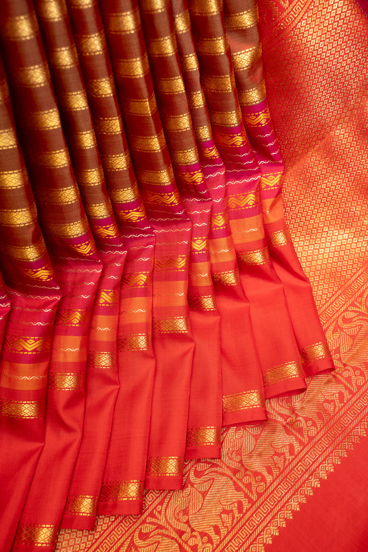 Maroon and Rust Orange Stripes Pure Zari Kanjivaram Silk Saree - Clio Silks
