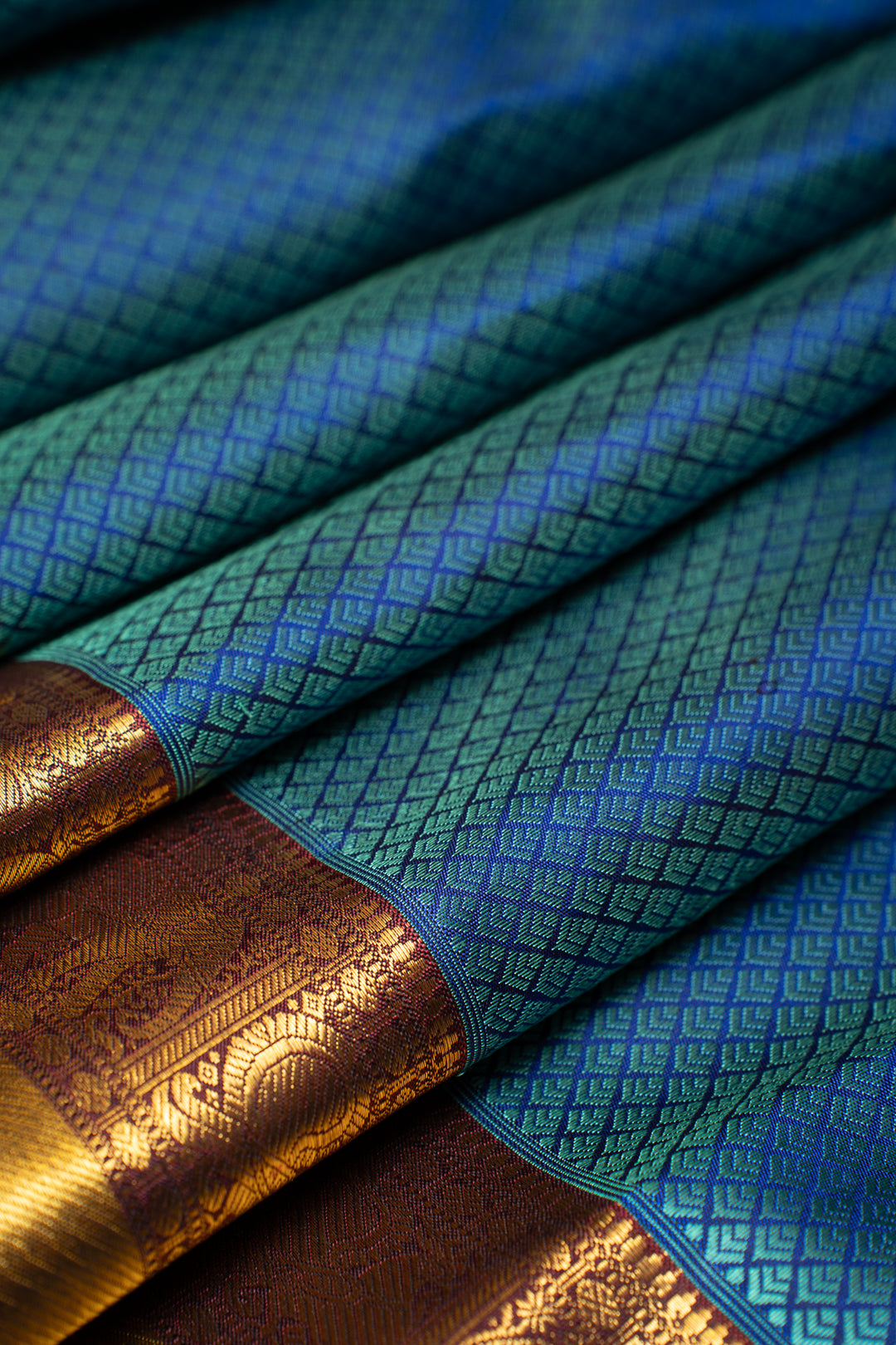Peacock Green Thread Brocade Pure Zari Kanchipuram Silk Saree - Clio Silks