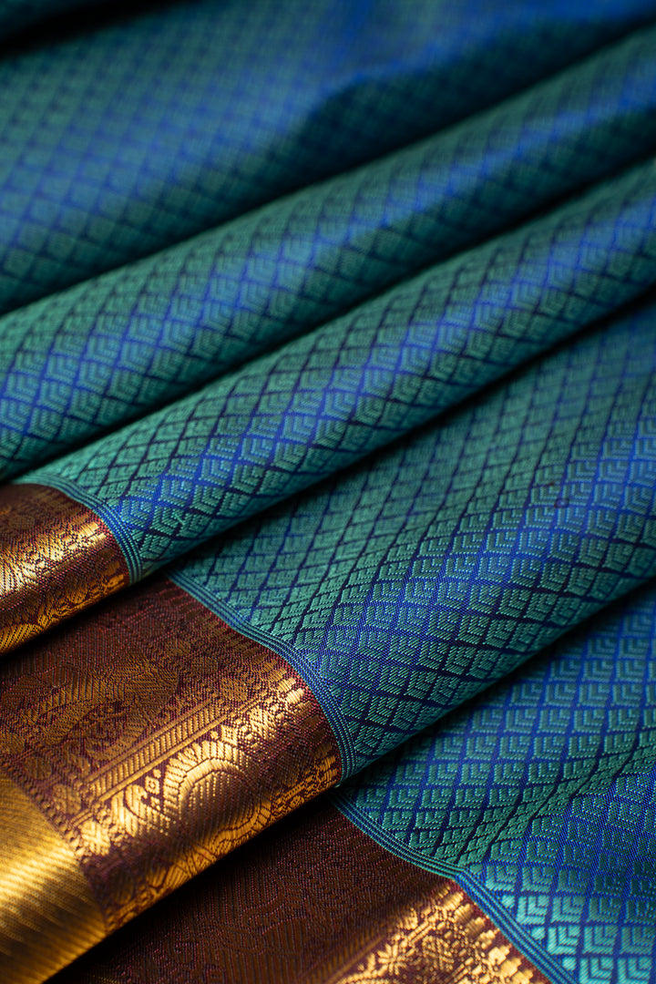 Peacock Green Thread Brocade Pure Zari Kanchipuram Silk Saree - Clio Silks