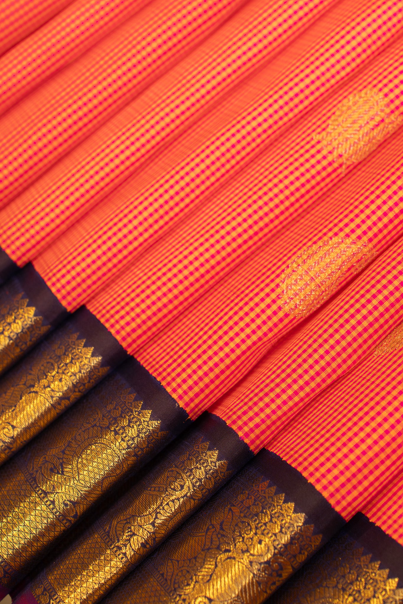 Pink and orange podikattam pure zari Kanchipuram silk saree