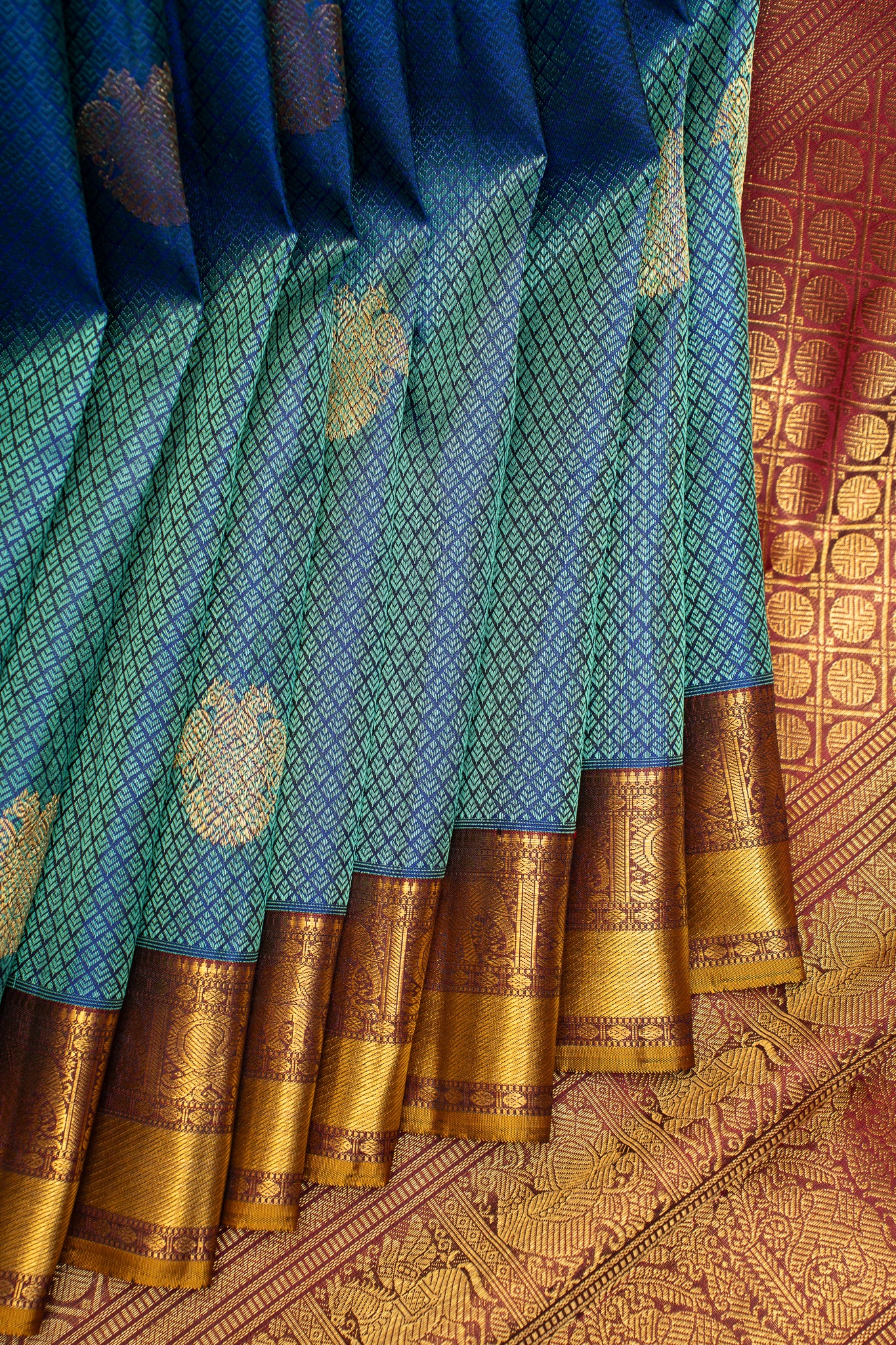 Peacock Green Thread Brocade Pure Zari Kanchipuram Silk Saree - Clio Silks