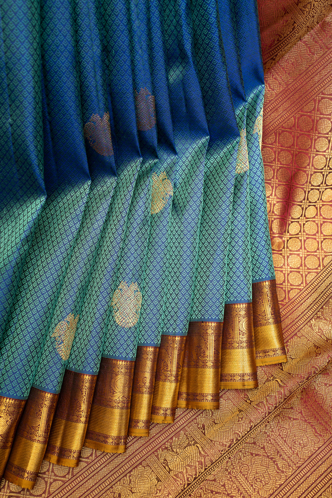 Peacock Green Thread Brocade Pure Zari Kanchipuram Silk Saree - Clio Silks
