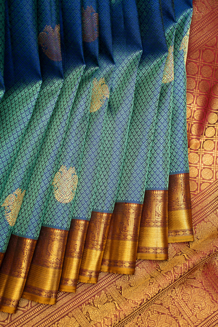 Peacock Green Thread Brocade Pure Zari Kanchipuram Silk Saree - Clio Silks