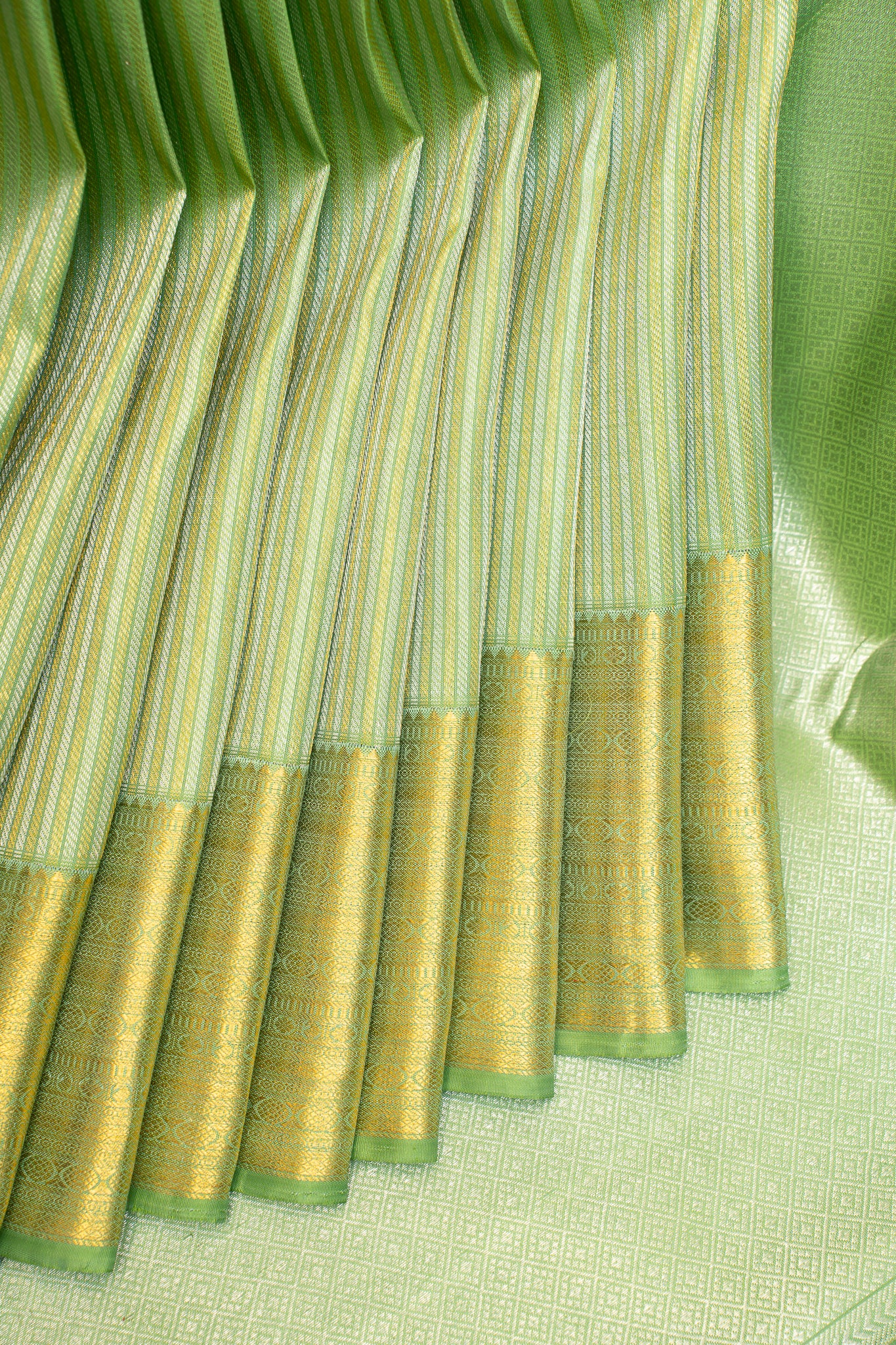 Pastel Green Zari Panel Brocade Pure Kanchipuram Silk Saree - Clio Silks