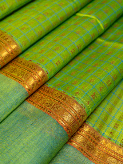 Lime Green and Blue Handloom Silk Cotton Saree - Clio Silks
