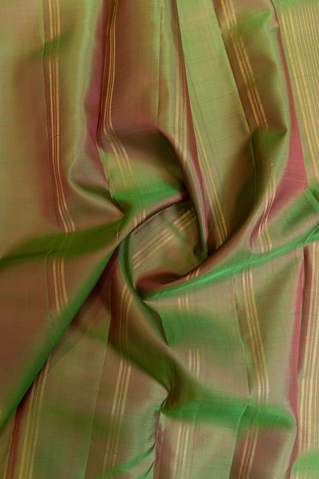 Reddish pink and green stripes pure silk saree