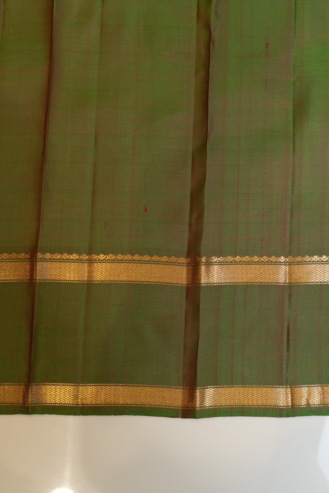 Reddish pink and green stripes pure silk saree