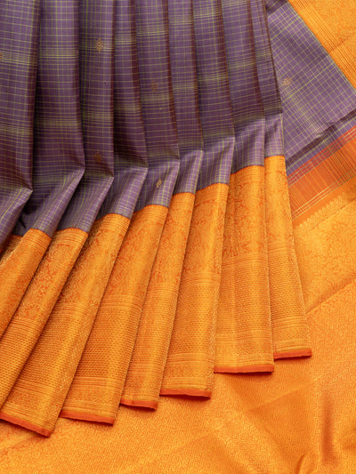 Iris Purple and Orange Kanchipuram Silk Saree with Pure Zari and Turning Border, a Perfect Choice for Special Occasions and Weddings