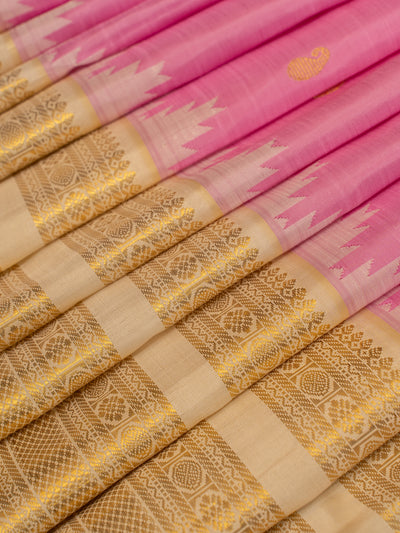 Lotus pink and ivory rettai pettu pure Kanchipuram &nbsp;silk saree