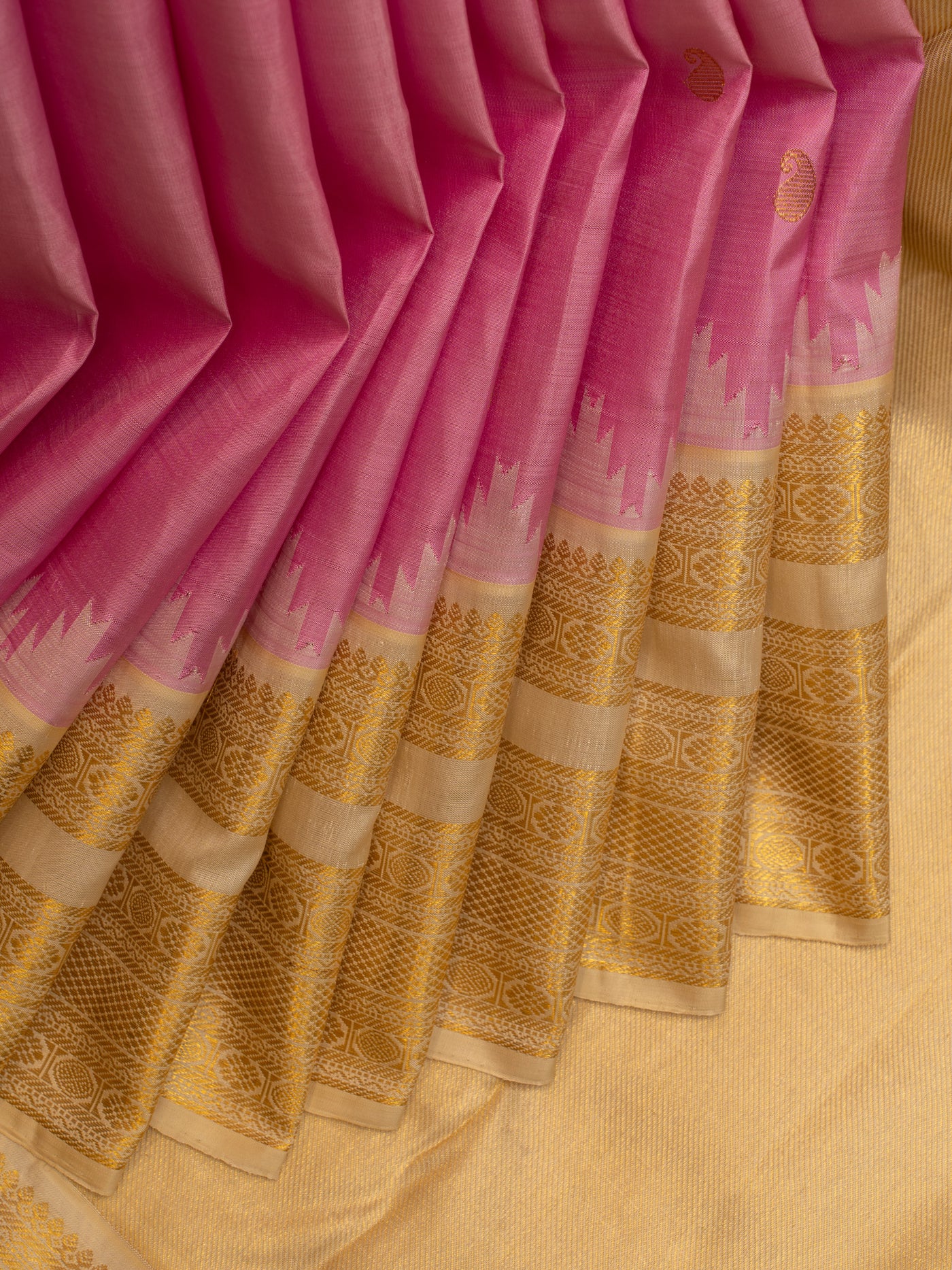 Lotus pink and ivory rettai pettu pure Kanchipuram &nbsp;silk saree