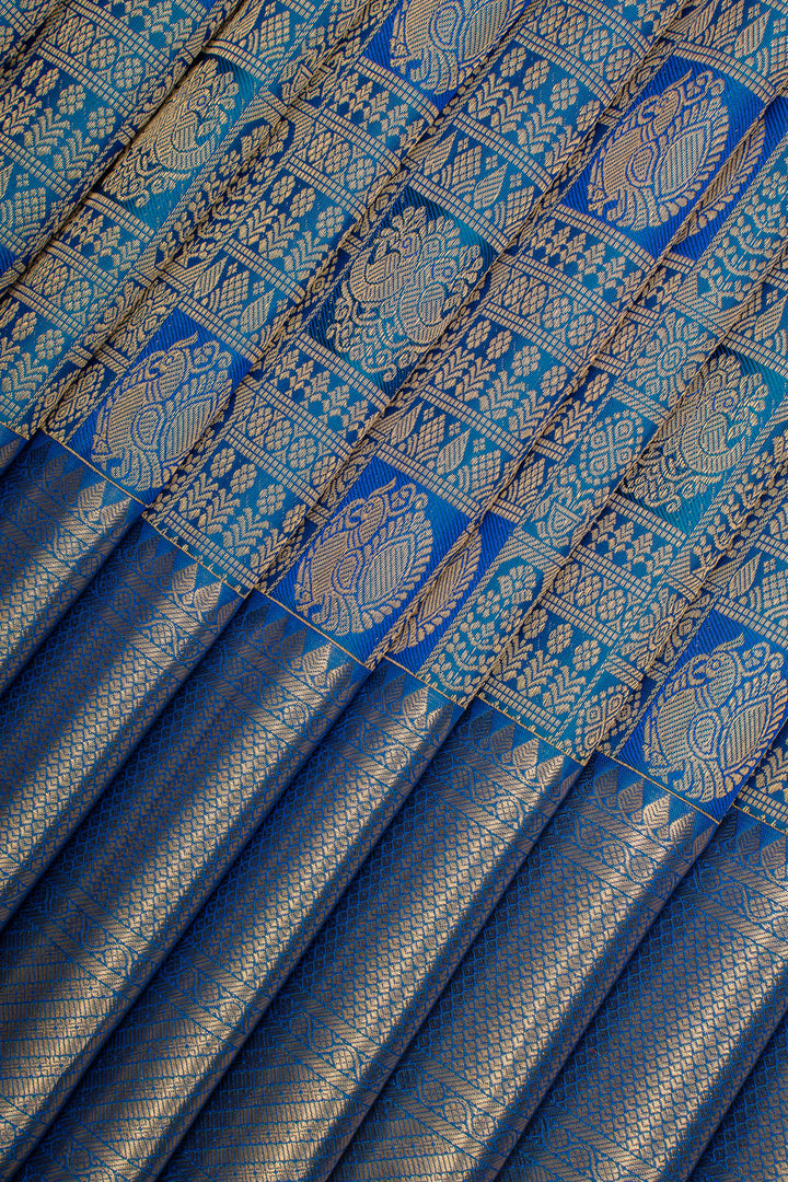 Peacock Blue Brocade Pure Kanchipuram Silk Saree