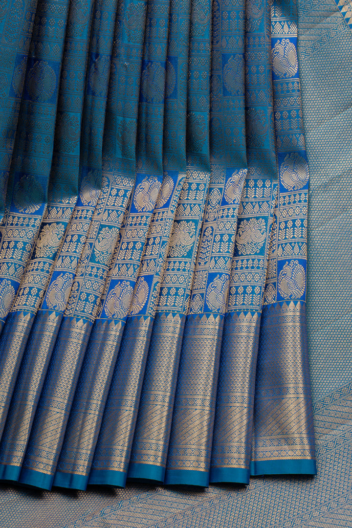 Peacock Blue Brocade Pure Kanchipuram Silk Saree