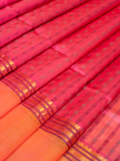 Pink and Peach Thread Motifs Handloom Silk Cotton Saree - Clio Silks