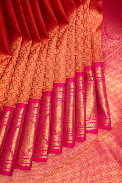 Reddish Orange Pure Zari Minakari Brocade Kanchipuram Silk Saree - Clio Silks