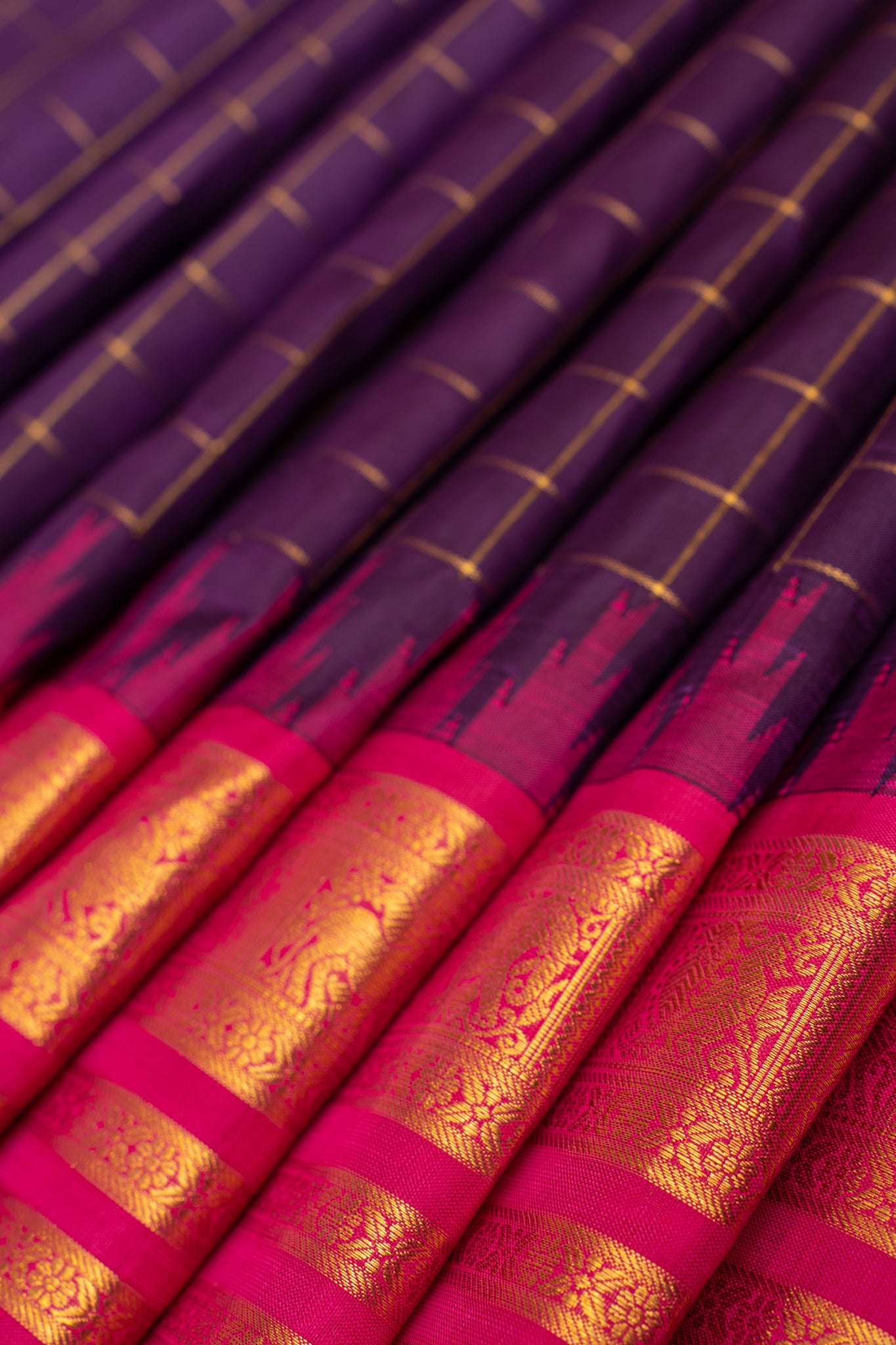 Purple and magenta pure zari checks Kanchipuram silk saree