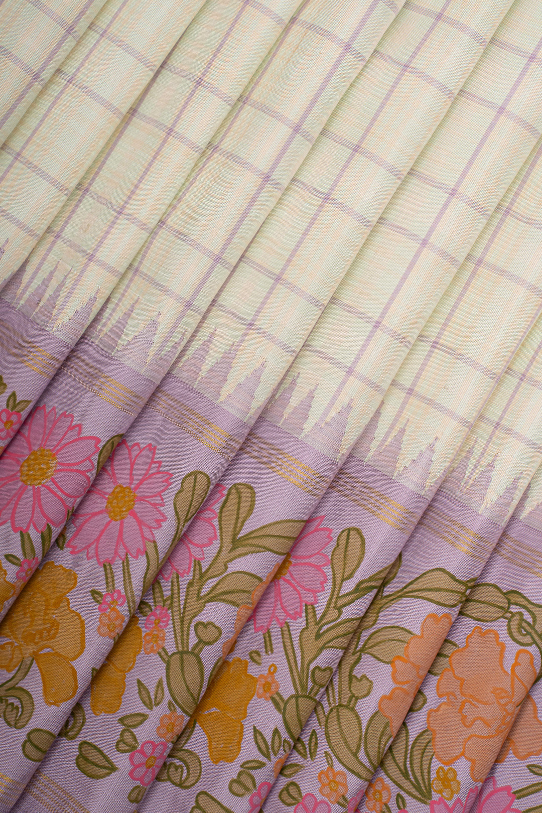 Off White and Lilac Handpainted Pure Kanchipuram Silk Saree