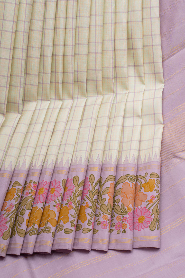Off White and Lilac Handpainted Pure Kanchipuram Silk Saree