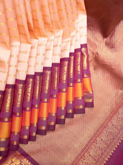 Peach and Purple stripes Pure Kanchipuram Silk Saree - Clio Silks