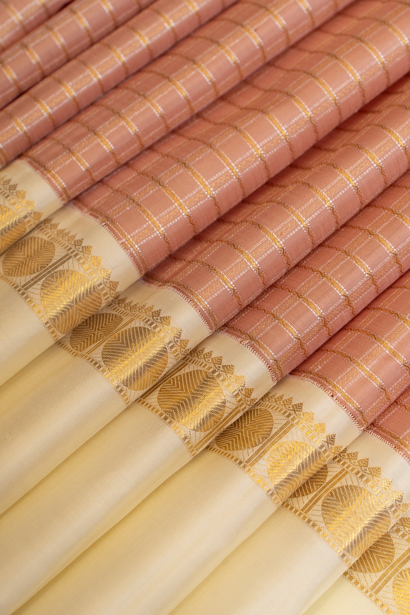 Rouge pink and ivory veldhari checks pure zari Kanchipuram silk saree