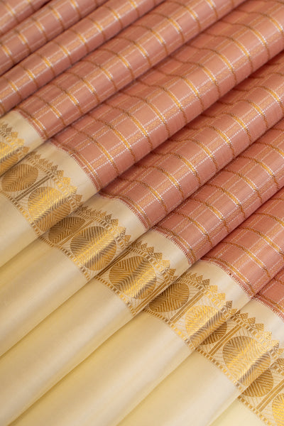 Rouge pink and ivory veldhari checks pure zari Kanchipuram silk saree