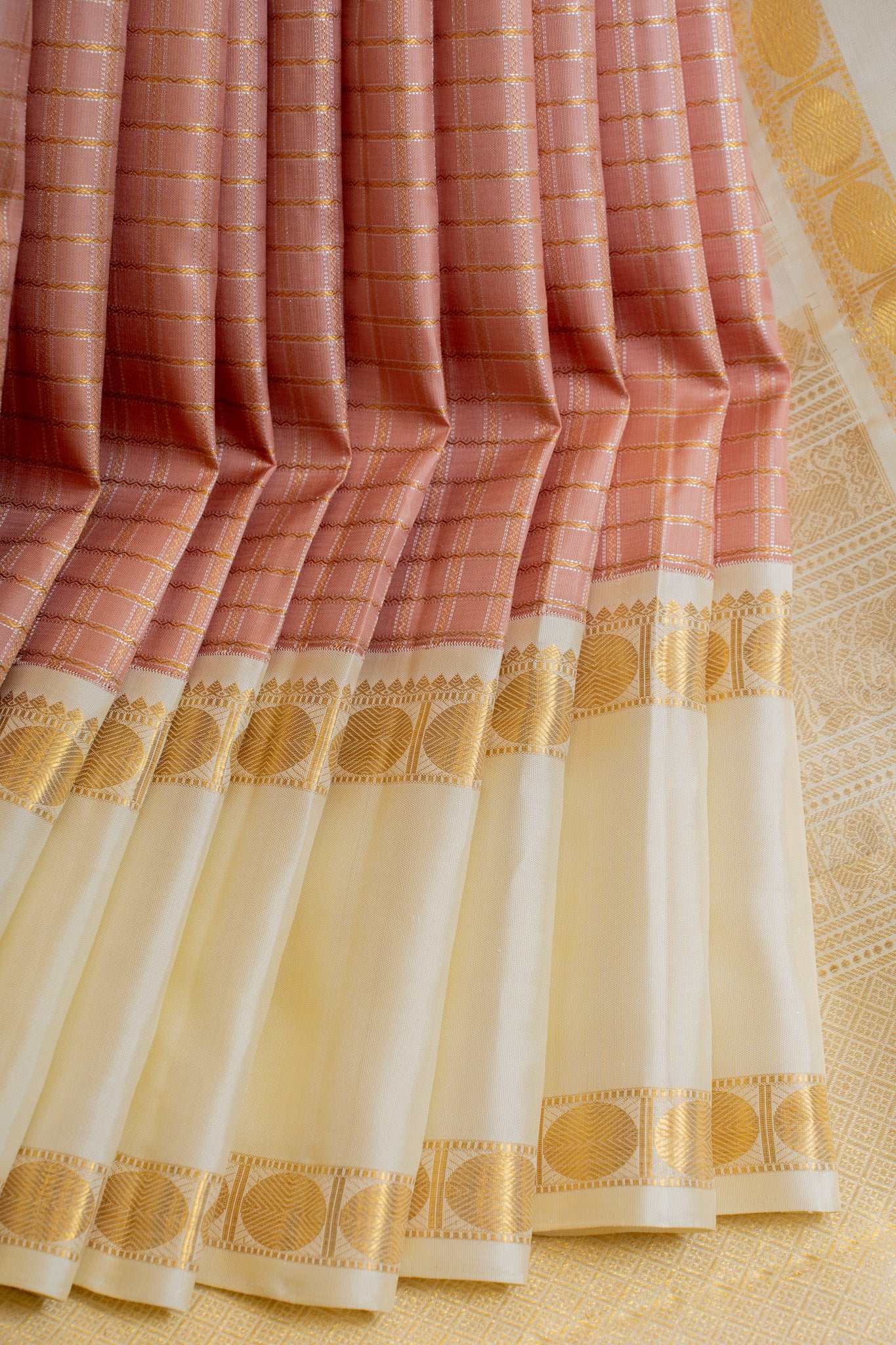 Rouge pink and ivory veldhari checks pure zari Kanchipuram silk saree